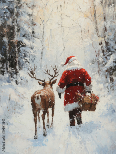 An oil painting depicting Santa Claus and his reindeer walking through a snowy winter forest, creating a festive Christmas mood. The scene is viewed from behind, with snow falling in the light bac
