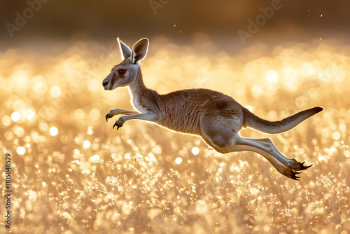 A kangaroo gracefully leaps through a sunlit field, capturing the essence of wildlife in motion. photo