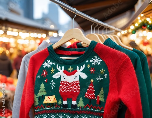 Celebrate National Ugly Sweater Day with festive sweaters at a holiday market. Generative AI photo