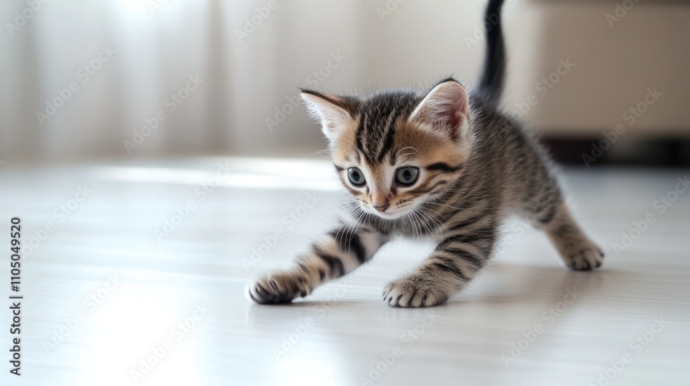 Adorable Tabby Kitten Walking On Light Floor Adorable Tabby Kitten Walking On Light Floor