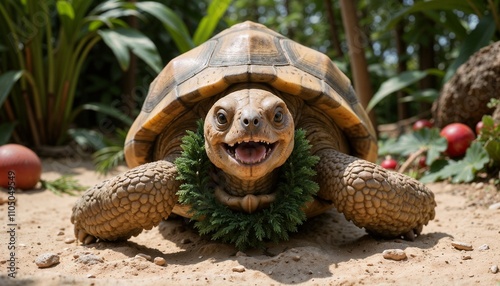 Close-up of an Aldabra giant tortoise with a small Christmas wreath around its neck. Sitting on sandy ground with tropical plants and holiday ornaments in the background.