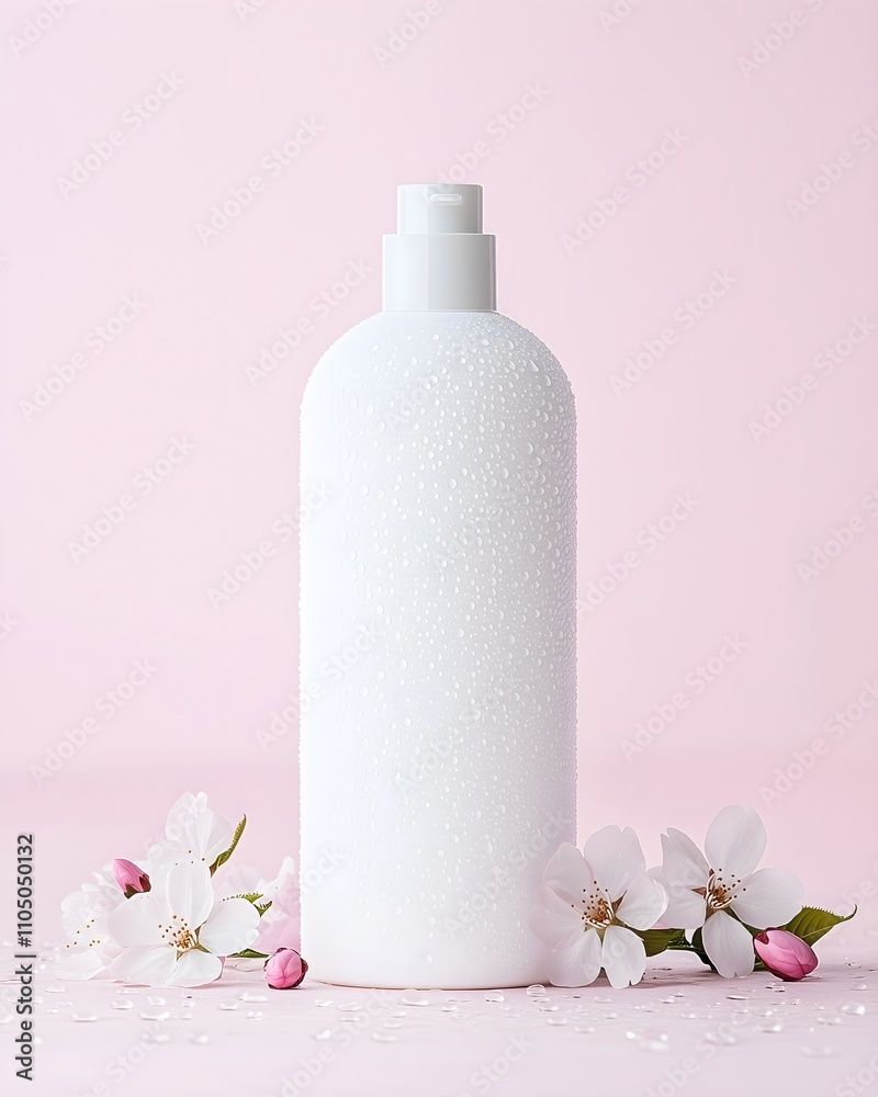 White bottle with water drops and cherry blossoms on pink background. vertical banner for natural cosmetic, spring beauty collection, spa center, wellness brand, skincare product, minimalist packaging White bottle with water drops and cherry blossoms on pink background. vertical banner for natural cosmetic, spring beauty collection, spa center, wellness brand, skincare product, minimalist packaging
