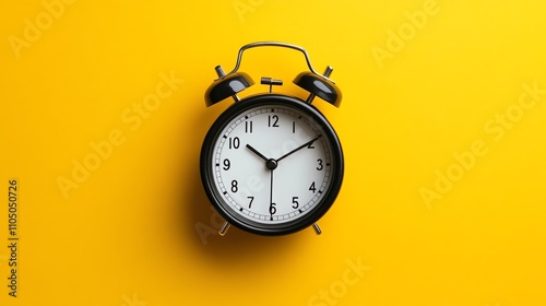 A black alarm clock on a yellow background.