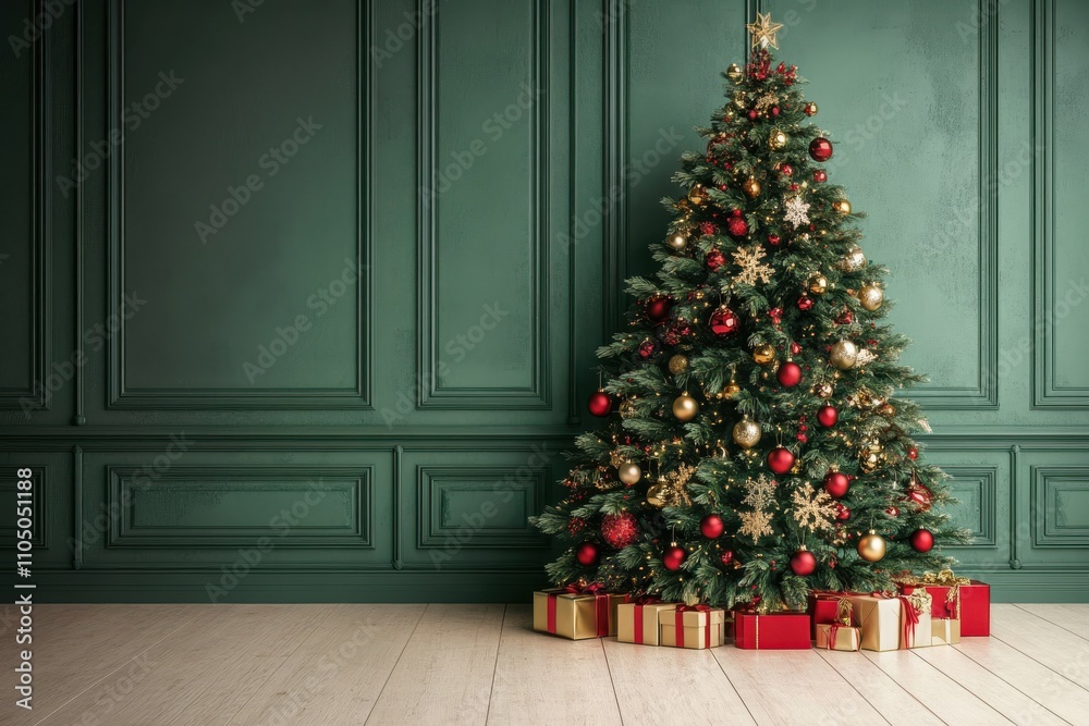 Christmas tree with red and gold decorations, indoor home festive background Christmas tree with red and gold decorations, indoor home festive background