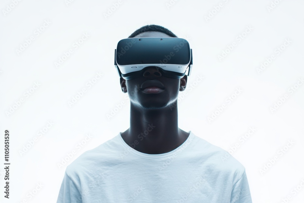 young man wearing VR headset on white background young man wearing VR headset on white background