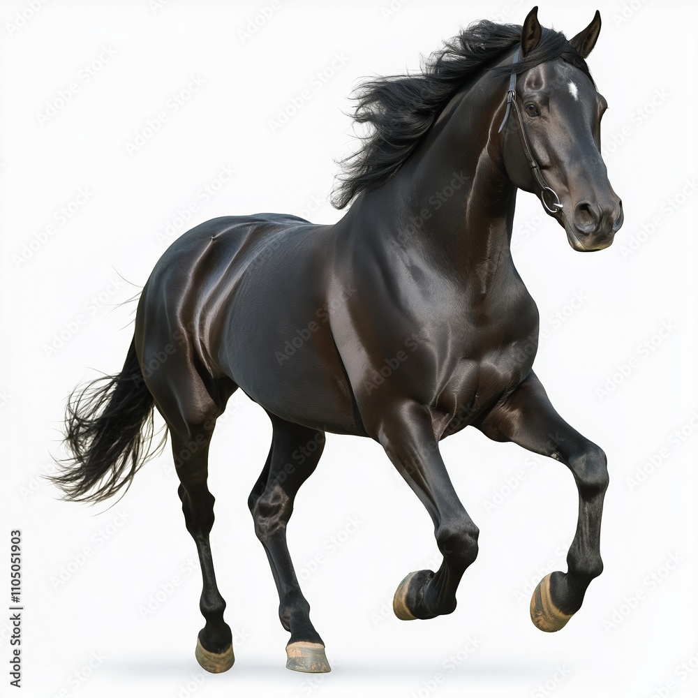Galloping shiny black Andalusian stallion isolated on white background. Galloping shiny black Andalusian stallion isolated on white background.