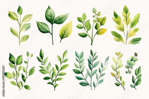 Detailed Watercolor Botanical of Various Leafy Plants and Flora on a Clean White Background photo