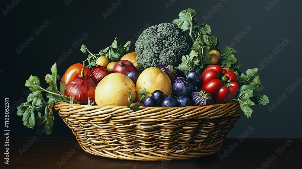 A basket overflowing with vibrant, fresh vegetables. A basket overflowing with vibrant, fresh vegetables.