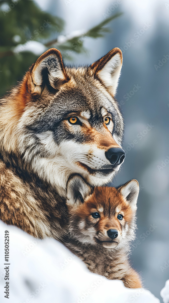 Fototapeta premium Wolf and Pup in Snowy Wilderness, A Majestic Winter Scene