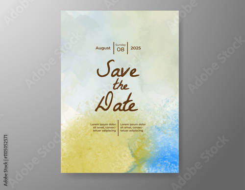 Wedding card invitation template with hand painted watercolor splash