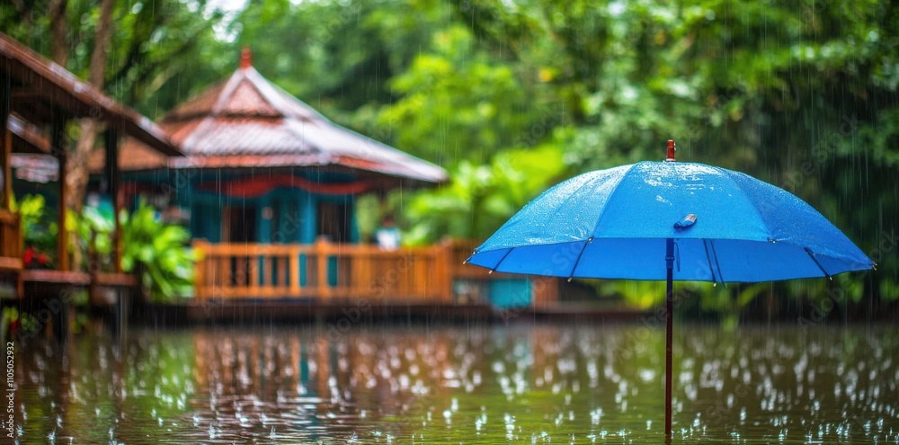 Obraz premium Umbrella and house model under heavy rain, home protection concept in blue tones