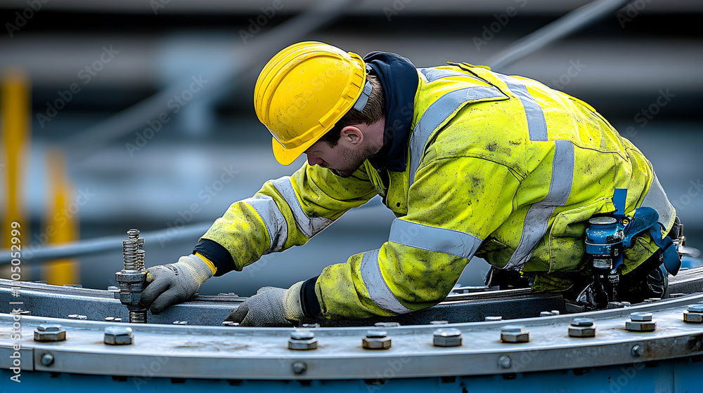 Industrial Worker Adjusting Large Metal Flange Outdoors, Maintenance & Repair Task Performed Carefully Industrial Worker Adjusting Large Metal Flange Outdoors, Maintenance & Repair Task Performed Carefully