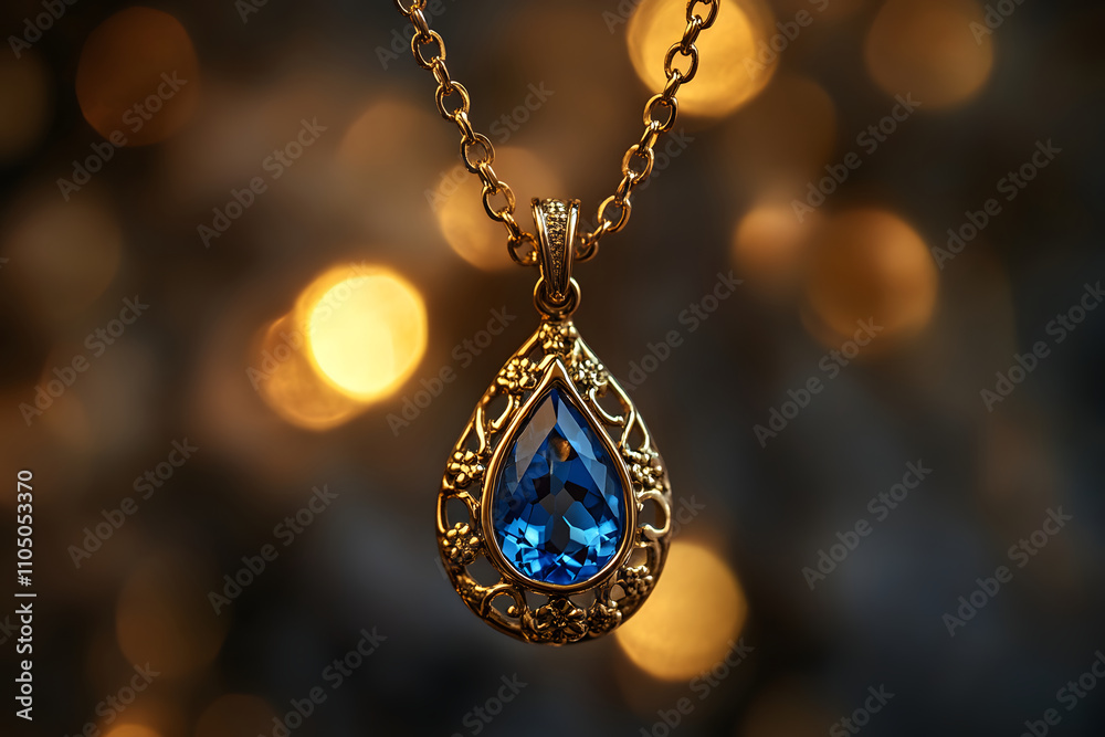 Close-up of a gold necklace featuring a blue teardrop gemstone pendant. Close-up of a gold necklace featuring a blue teardrop gemstone pendant.