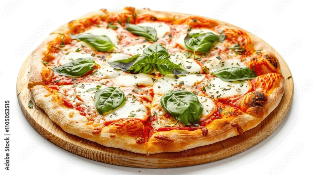 Freshly Baked Italian Margherita Pizza with Mozzarella and Basil on White Background Freshly Baked Italian Margherita Pizza with Mozzarella and Basil on White Background