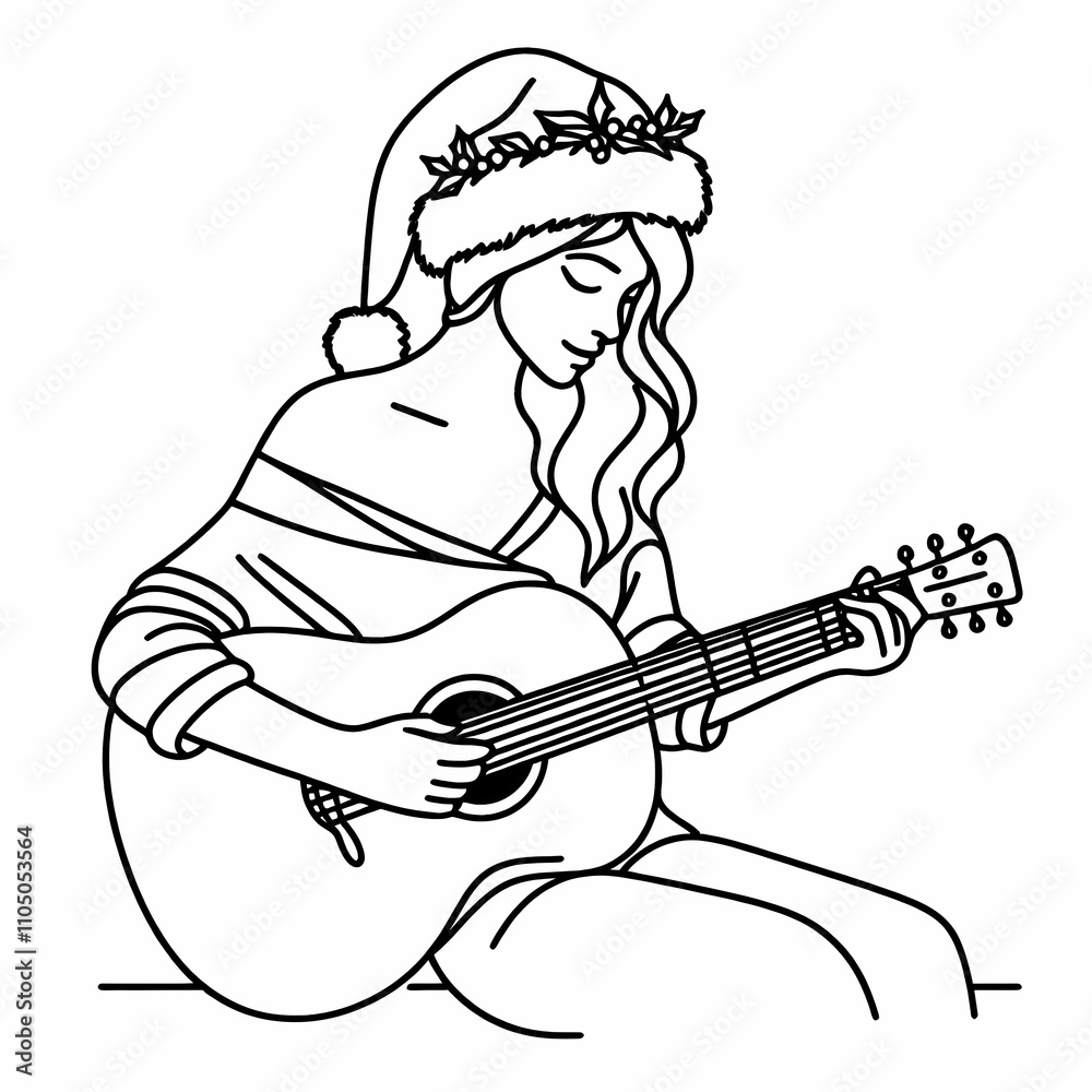Blank coloring book illustration, a woman wearing a Christmas hat playing the guitar. Blank coloring book illustration, a woman wearing a Christmas hat playing the guitar.