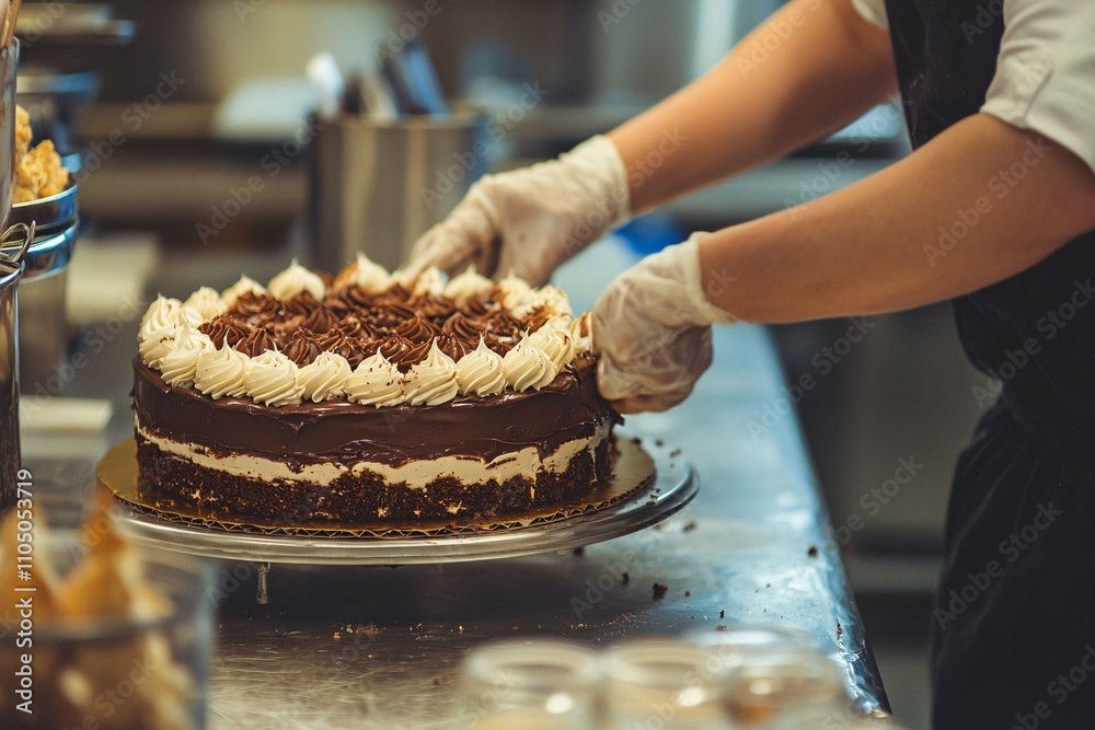 A skilled baker artfully creates a luscious chocolate cake with creamy frosting in a professional kitchen, showcasing the finesse of pastry art with neatly arranged ingredients. A skilled baker artfully creates a luscious chocolate cake with creamy frosting in a professional kitchen, showcasing the finesse of pastry art with neatly arranged ingredients.