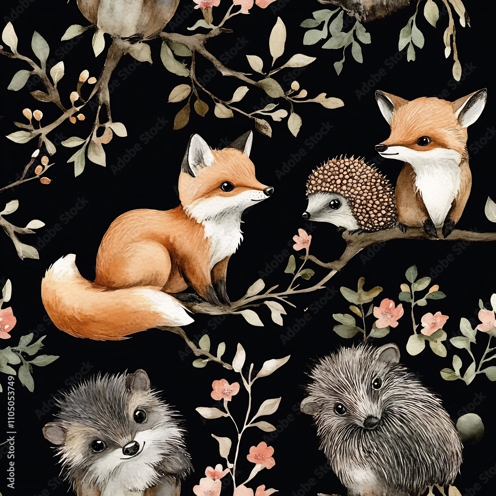 Fototapeta premium Whimsical Watercolor Woodland Animal Seamless Pattern for Nursery and Home Decor