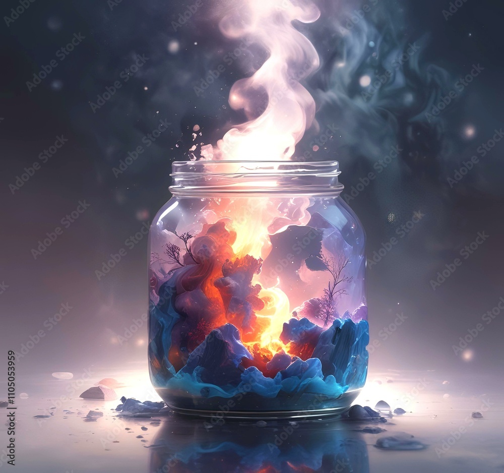 Illustration of glowing and magic dramatic smoke in jar with water reflection. Illustration of glowing and magic dramatic smoke in jar with water reflection.