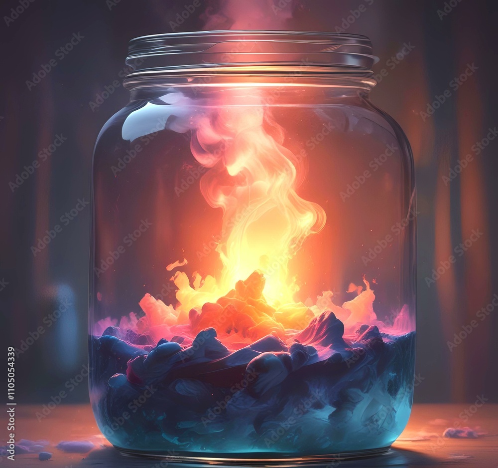 Illustration of glowing and magic dramatic smoke in jar with water reflection. Illustration of glowing and magic dramatic smoke in jar with water reflection.