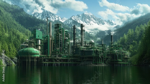 Sustainable Oil Extraction Concept, Eco-Friendly Oil Extraction Plant with Clean Energy in a Mountain Landscape