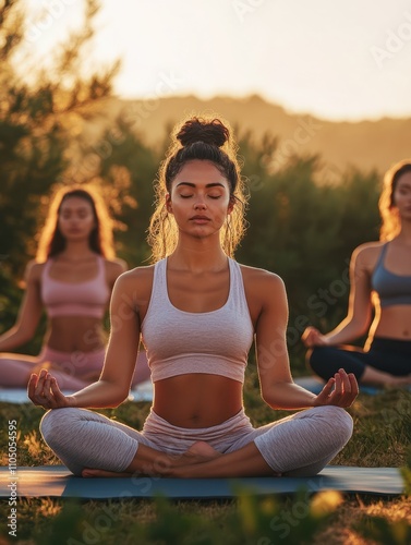 Multiethnic young women meditate with yoga teacher in lotus pose breath fresh air at retreat yoga class on sunrise outdoor. Fit healthy multiracial ladies do yoga exercise in sunset on summer togethe photo