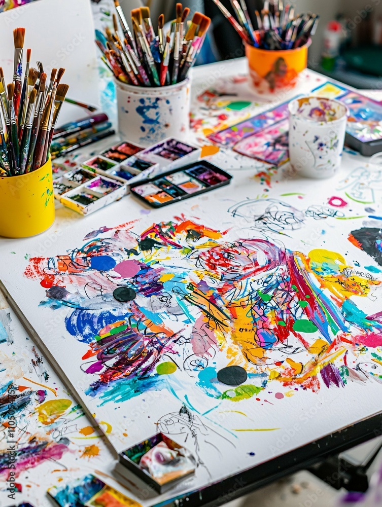 Fototapeta premium National Scribble Day honors creativity through vibrant doodles on a white canvas, with art supplies scattered across a studio brimming with artistic flair.