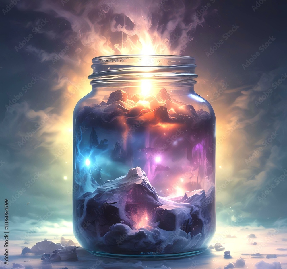 Illustration of glowing and magic dramatic smoke in jar with water reflection. Illustration of glowing and magic dramatic smoke in jar with water reflection.