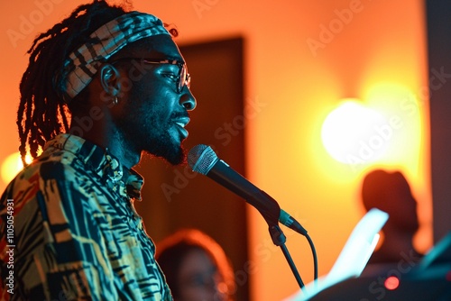 A vibrant National World Poetry Day event showcases a diverse array of poets at an open mic, emphasizing the powerful bond between language and emotion in a studio setting. photo