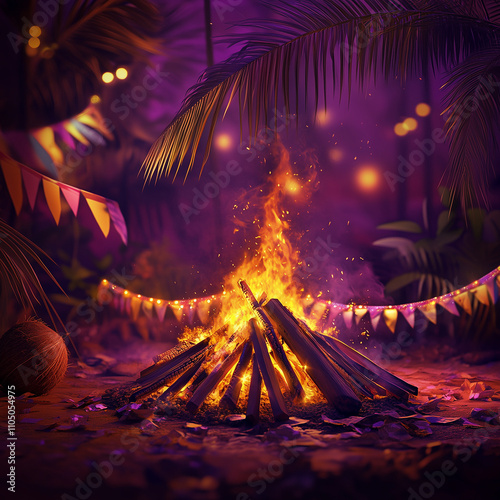 On the Lohri festival there is a bonfire burning on a pile of wood. golden yellow flame. The surroundings are decorated with elongated ribbon flags and bright lights. Ai generated images photo