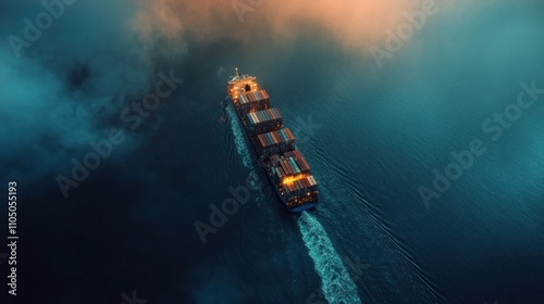 Aerial view of a cargo ship navigating through foggy waters.