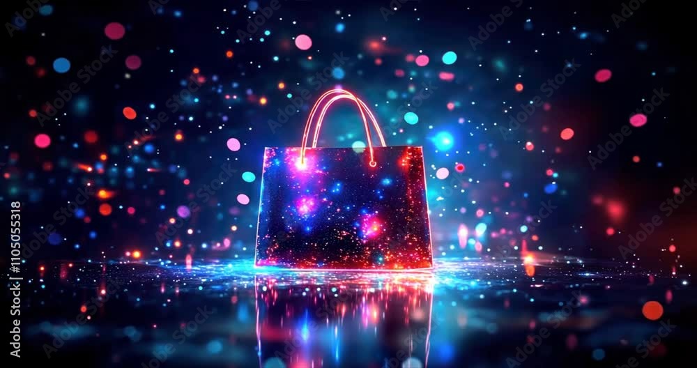 Glowing digital shopping bag with lights on a galaxy background, symbolizing online shopping, digital retail, futuristic e commerce experience, retail tech, digital shopping, SMM