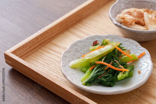 Japanese side dish. Boiled komatsuna. 日本のおかず。副菜。小松菜のお浸し photo