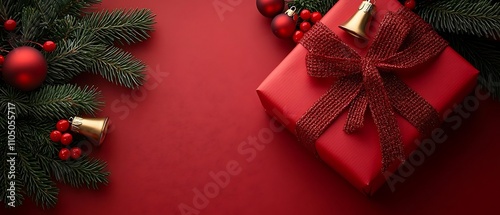 Red Christmas Gift Box: A festive red backdrop sets the stage for a beautifully wrapped present, adorned with a shimmering bow, nestled amidst sprigs of evergreen and delicate ornaments.