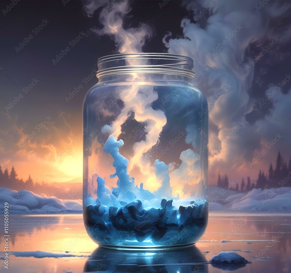 Illustration of glowing and magic dramatic smoke in jar with water reflection. Illustration of glowing and magic dramatic smoke in jar with water reflection.