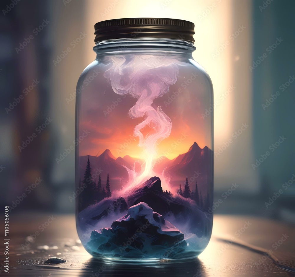 Illustration of glowing and magic dramatic smoke in jar with water reflection. Illustration of glowing and magic dramatic smoke in jar with water reflection.