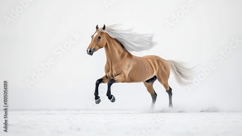 Palomino Horse Galloping Through Snowy Landscape