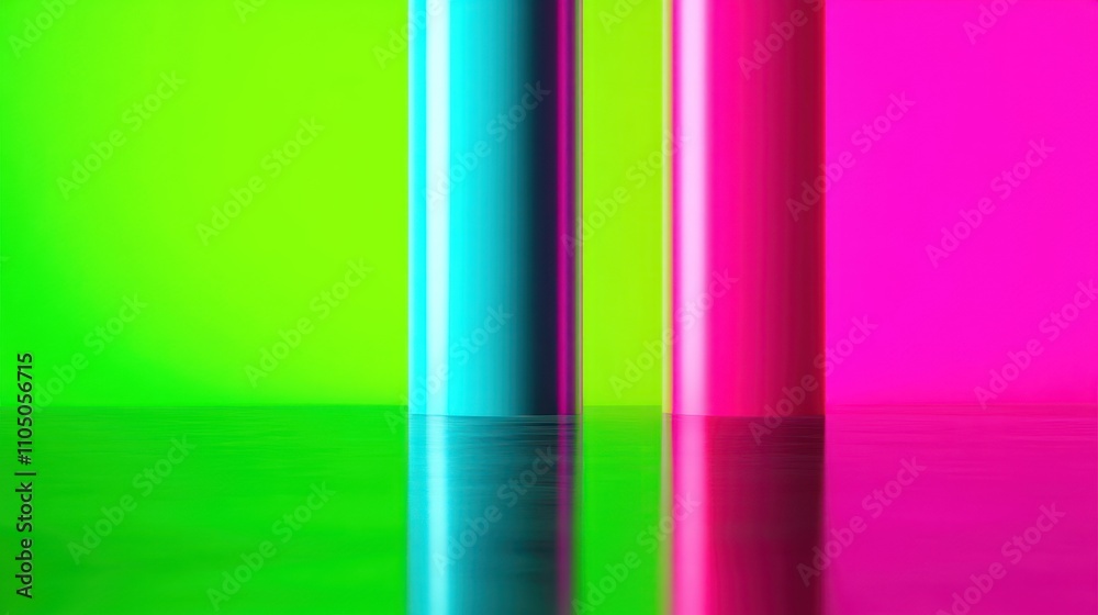 Vibrant Green Pink and Blue Columns Reflecting on Glossy Surface Vibrant Green Pink and Blue Columns Reflecting on Glossy Surface