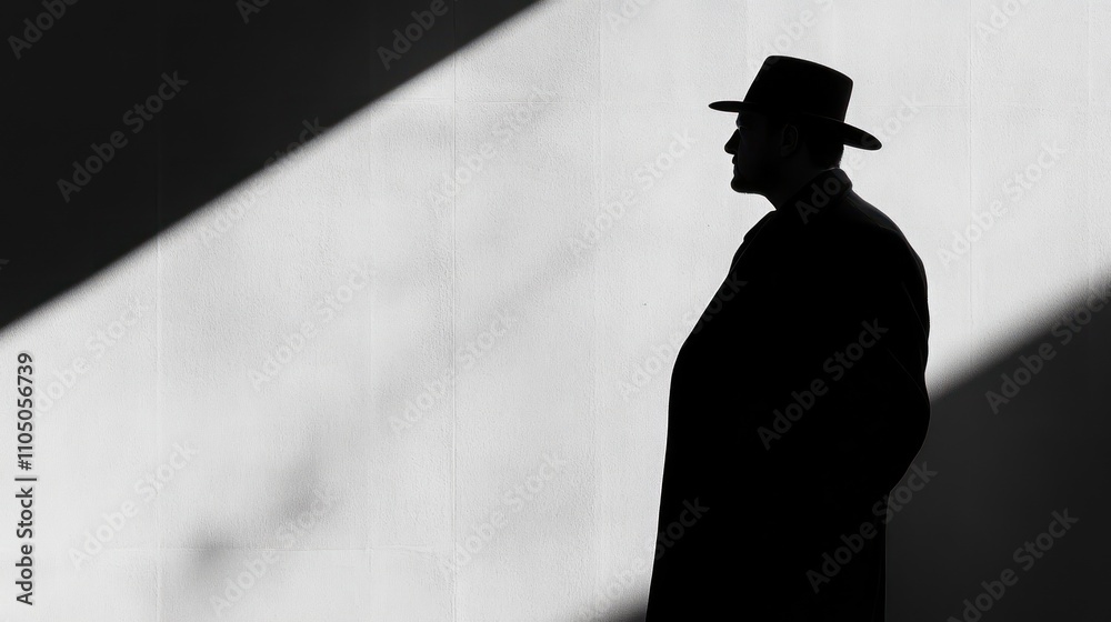 Silhouette of a man in a hat against a stark light backdrop. Silhouette of a man in a hat against a stark light backdrop.