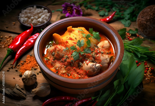 Gaeng Daeng Red Curry. A vibrant bowl of spicy chicken stew garnished with herbs, surrounded by fresh ingredients like chili peppers, garlic, and spices, showcasing a rich culinary culture. photo