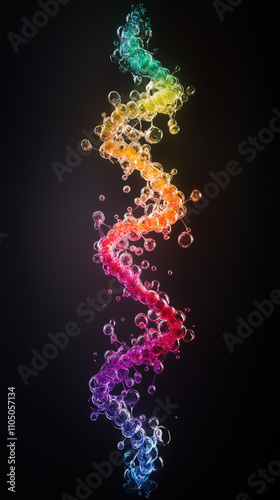 vibrant glowing multicolor Vertical DNA structure floating against a black background - depth, cosmic, mystery, graphic, illustration, 4k wallpaper