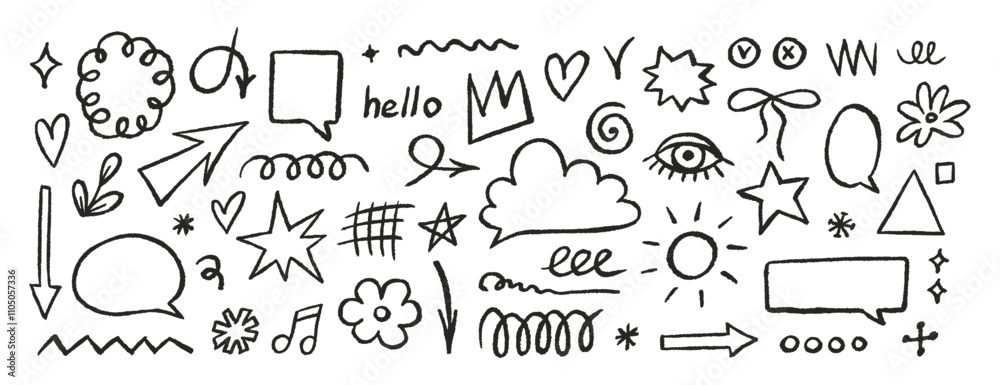 Crayon drawn doodle set, shapes, line and simple elements. Hand drawn brush highlight, arrow, speech bubble cloud, vector black illustrations