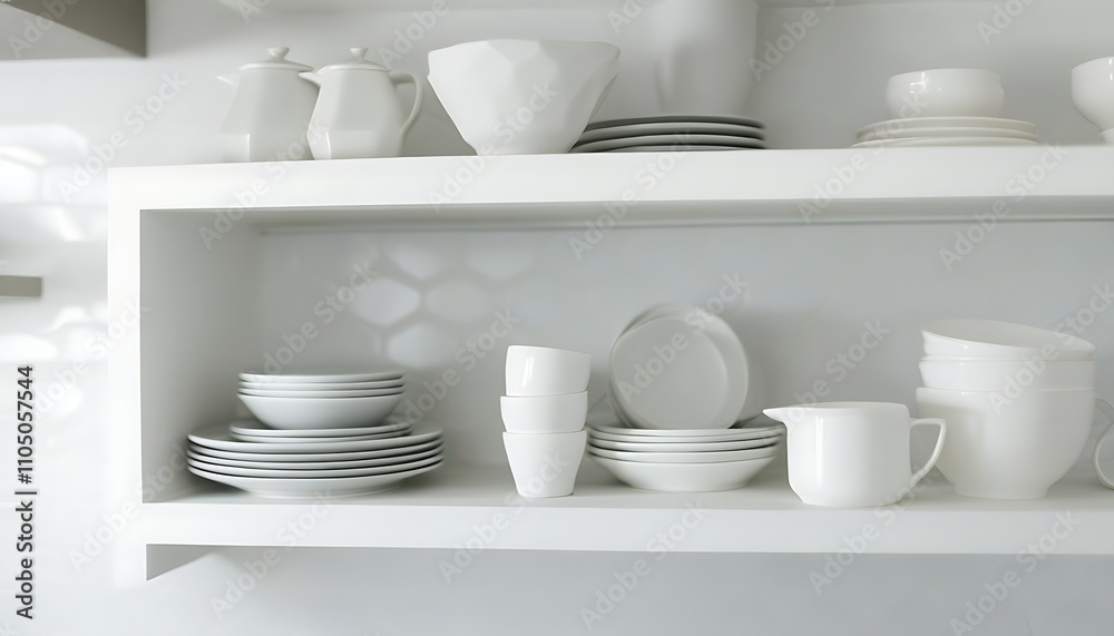 Neat kitchen, elegant display of white ceramic tableware. Neat kitchen, elegant display of white ceramic tableware.