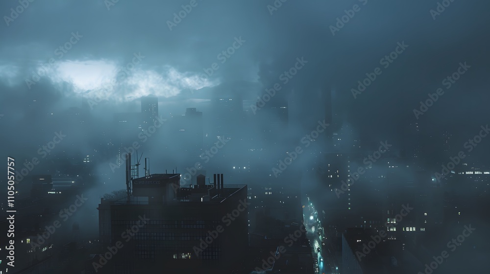 Foggy Cityscape Nighttime Urban View Buildings Lights Foggy Cityscape Nighttime Urban View Buildings Lights