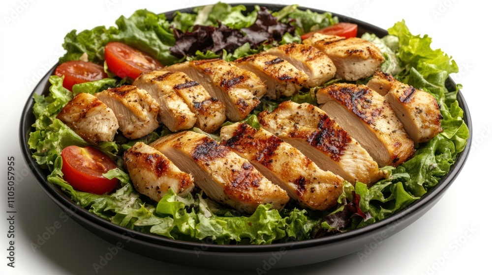 Grilled chicken salad with fresh greens and cherry tomatoes. Grilled chicken salad with fresh greens and cherry tomatoes.