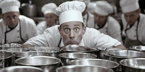 A chef with wide eyes peers over metal pots in a busy kitchen filled with fellow cooks. photo