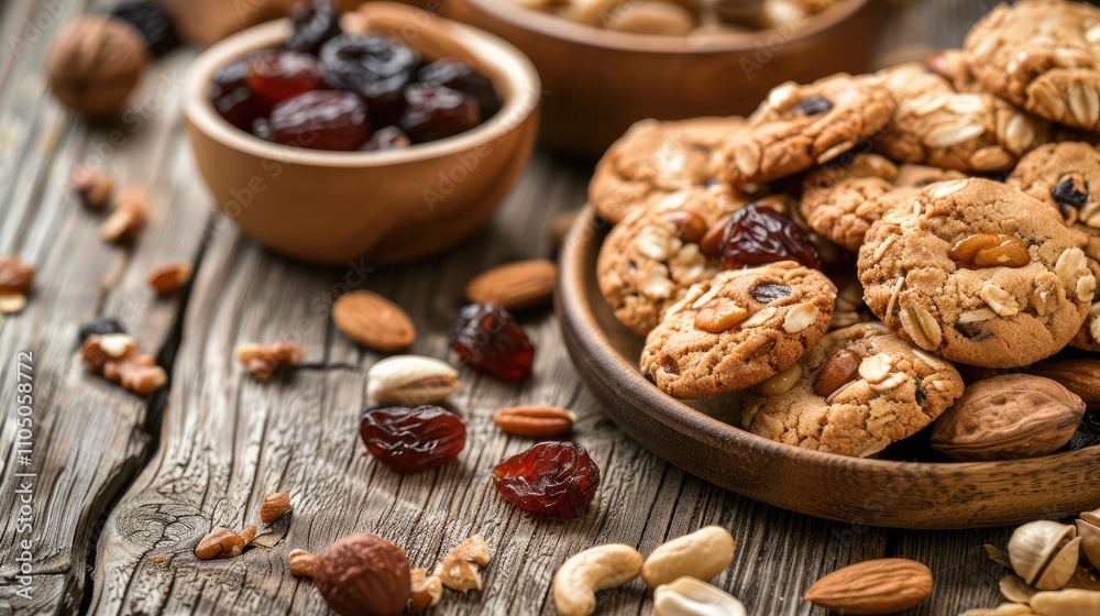 Homemade cookies with nuts and dried fruit arranged on a wooden table for background. Homemade cookies with nuts and dried fruit arranged on a wooden table for background.