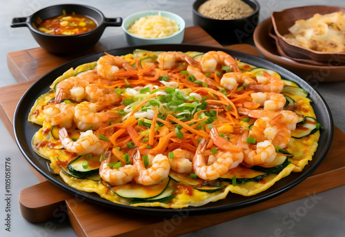 Haemul Pajeon. A vibrant seafood pancake topped with shrimp, carrots, and green onions, served with dipping sauces and garnishes, showcasing a delicious Asian culinary dish. photo