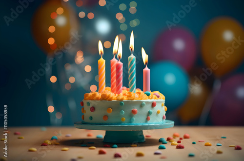 A colorful birthday cake adorned with five lit candles sits on a stand, surrounded by festive decorations and balloons, celebrating a joyful occasion. photo