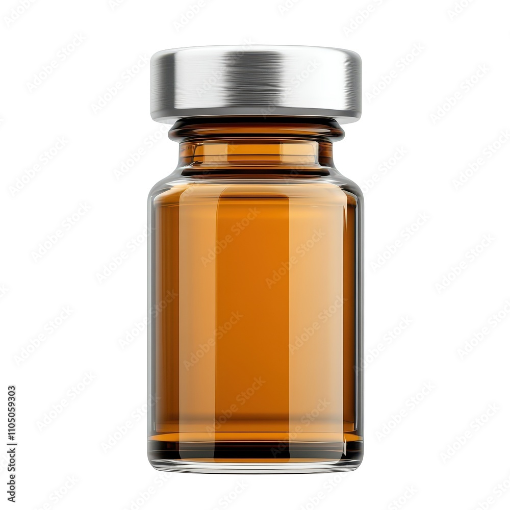 Amber Glass Vial with Silver Cap Isolated On White Background, Pharmaceutical Packaging Mockup Amber Glass Vial with Silver Cap Isolated On White Background, Pharmaceutical Packaging Mockup