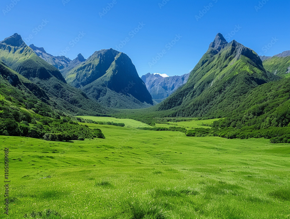 Serene Valley with Towering Mountains Serene Valley with Towering Mountains